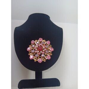 Vintage Brooch Flower Tiered Pink Rhinestones Gemstones Floral 3D Gold-Tone